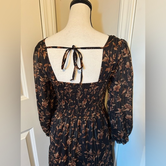 Floral Black and Brown Midi peasant long sleeve v neck Dress - Picture 6 of 8